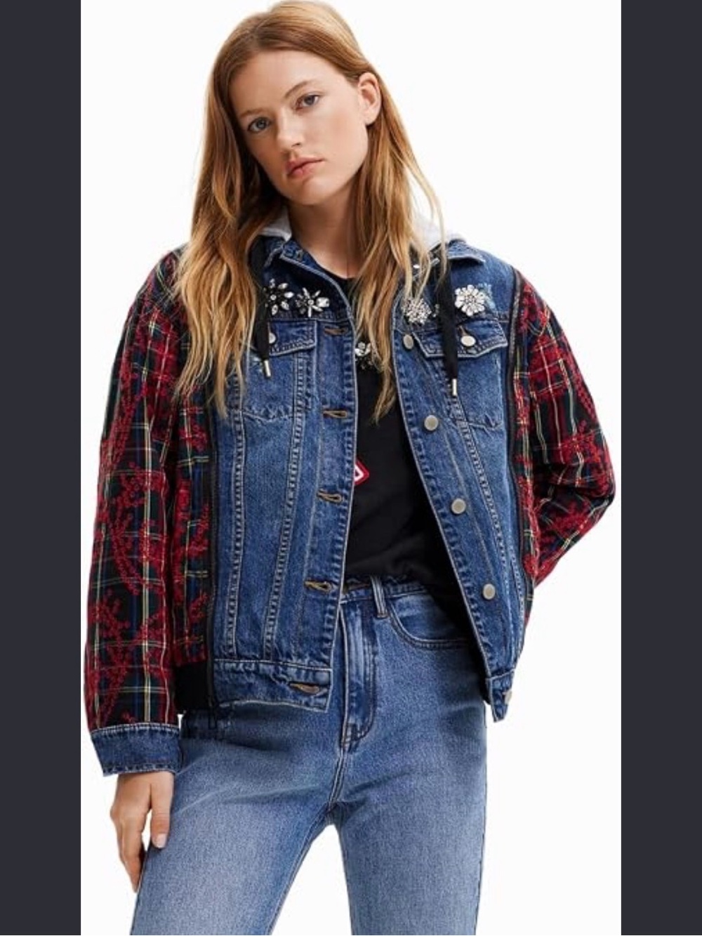 NWT Desigual Blue Denim Jacket/Vest with Red Plaid Sleeves and Gray Hood